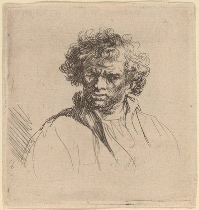 Hombre de cabello rizado con boca torcida de Studio of Rembrandt van Rijn