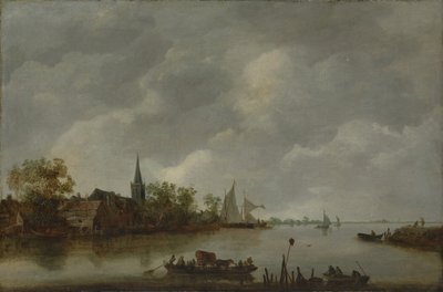 Vista del río con una iglesia del pueblo de Style of Jan van Goyen