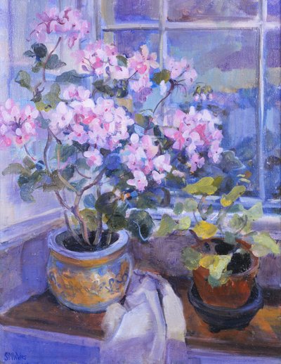 Geranio rosado en el asiento de la ventana, 1996 de Sue Wales