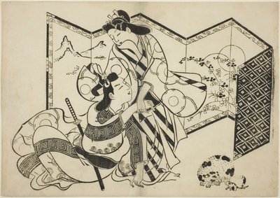 Amantes, un gato y un ratón frente a un biombo de Sugimura Jihei