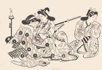 Samurái y cortesana sentados, un sirviente a su lado, ca. 1685 de Sugimura Jihei