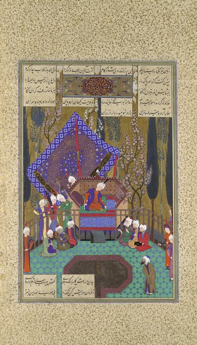 Zal consulta a los magos, Folio 73v del Shahnama Libro de los Reyes de Sultan Muhammad