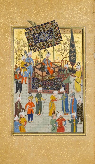Khusrau sentado en su trono, Folio 64 de un Khamsa Quinteto de Nizami de Sultan Muhammad Nur, Mahmud Muzahhib, Shaikh Zada