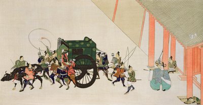 Un emperador huyendo de un palacio disfrazado de mujer en carruaje, escena de un romance cortesano del período Heian, impreso en la revista 