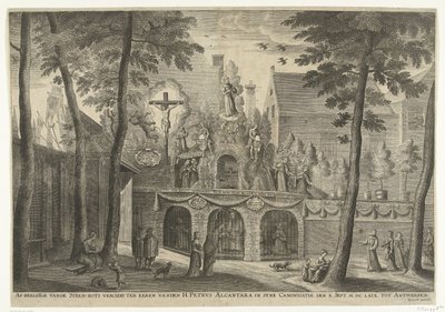 Stellage erigida en Amberes con motivo de la canonización de Pedro de Alcántara en 1669 Representación de la piedra-roca en honor a San Pedro Alcántara en la Canonización de la X. Sept. MDCLXIX a Amberes (título sobre objeto) de Susanna Verbruggen (possibly)