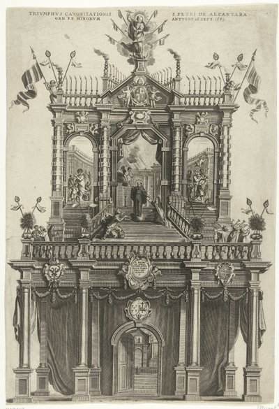 Puerta triunfal erigida en Amberes con motivo de la canonización de Pedro de Alcántara en 1669 Triumphus Canonizationis S. Petri de Alcantara Ord. F. F. Minorum Antverp. 16 de septiembre 1669 (título sobre el objeto) de Susanna Verbruggen (signed by artist)