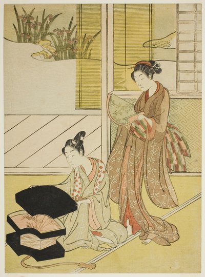 Un vendedor de abanicos mostrando sus mercancías a una joven de Suzuki Harunobu