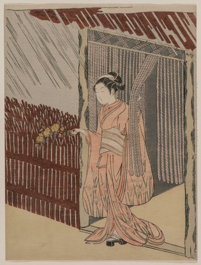 Una niña vistiéndose de rosa de Suzuki Harunobu
