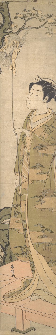 Una mujer jugando con un mono que ha trepado a un árbol, ca. 1770 de Suzuki Harunobu