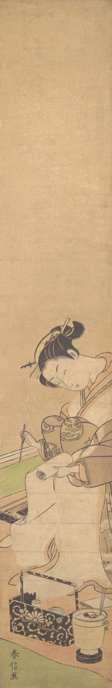 Una Oiran sentada en una cama, escribiendo una carta de Suzuki Harunobu