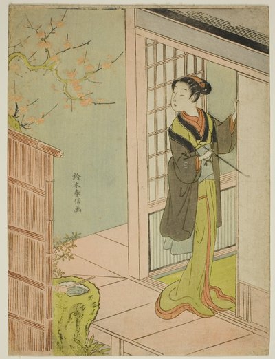 Belleza Admirando un Ruiseñor Cantando en un Ciruelo de Suzuki Harunobu