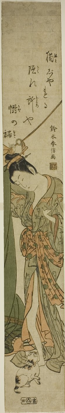 Belleza mirando a un gato mientras arregla una mosquitera de Suzuki Harunobu