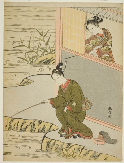 Belleza Burlando a un Joven Pescador de Suzuki Harunobu