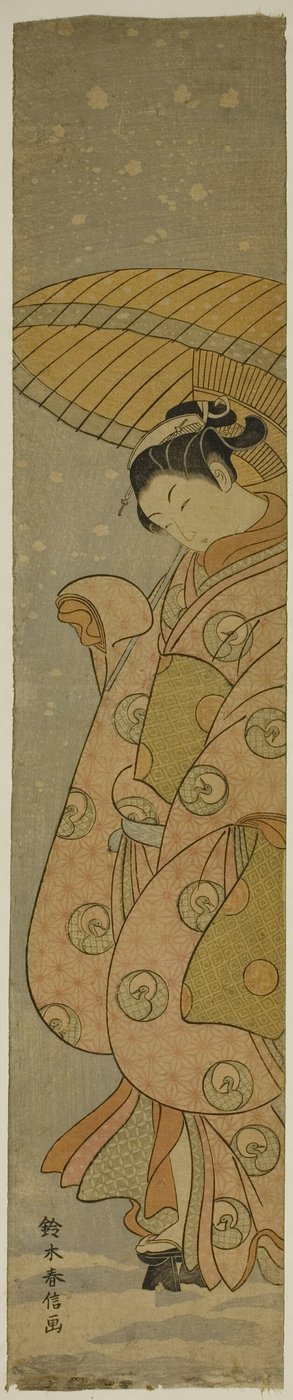 Belleza bajo un paraguas en la nieve de Suzuki Harunobu