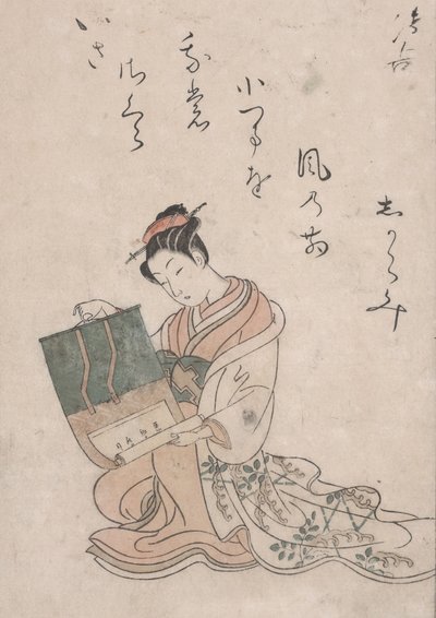 Belleza desenrollando pergamino de Suzuki Harunobu