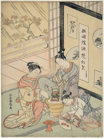 Hojas de arce quemándose para calentar sake de Suzuki Harunobu