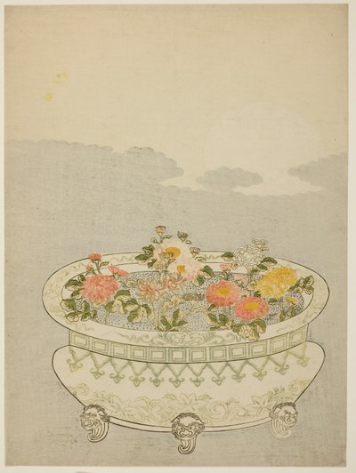 Crisantemos y la luna creciente de Suzuki Harunobu