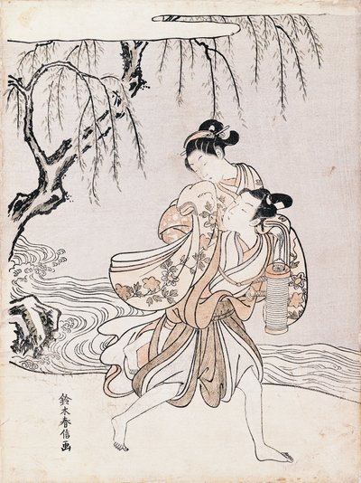 Pareja en la orilla del río, tinta y colores, Japón, Civilización japonesa, período Edo de Suzuki Harunobu