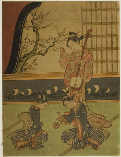 Cortesana viendo a sus asistentes jugar con una pelota de Suzuki Harunobu