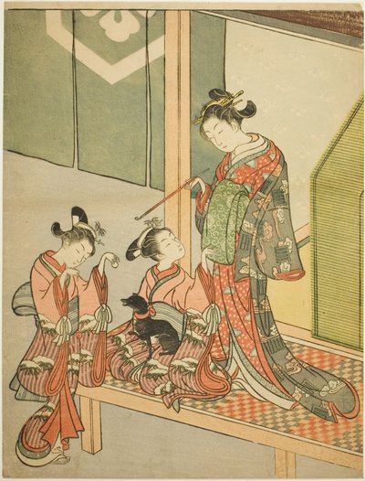 Cortesana y dos asistentes jugando con un perro de Suzuki Harunobu
