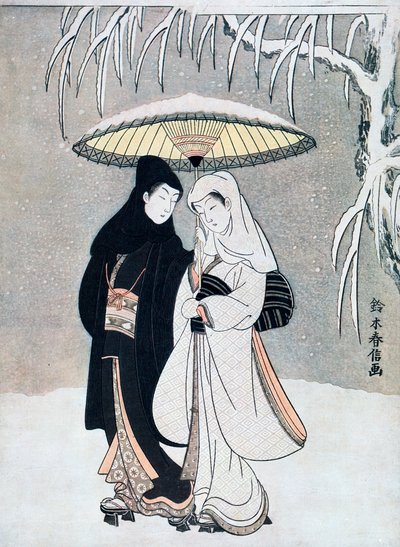 Cuervo y Garza, o Jóvenes Enamorados Caminando Juntos bajo un Paraguas en una Tormenta de Nieve, c1769 de Suzuki Harunobu