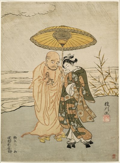 Daruma y una joven bajo la lluvia de Suzuki Harunobu