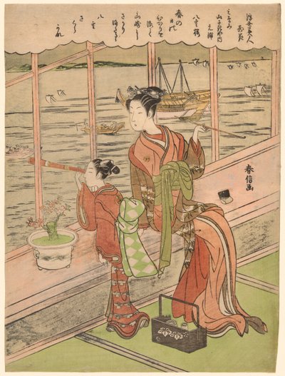 Cerezo de doble flor: Motoura de Minami Yamasakiya (Minami Yamasakiya uchi Motoura, Yaezakura), de la serie "Bellezas del mundo flotante comparadas con flores (Ukiyo bijin hana ni yosu)" de Suzuki Harunobu