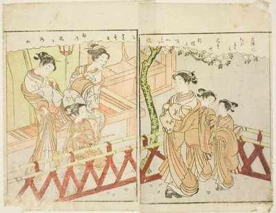 Ilustración de doble página del Vol. 2 de "Libro de imágenes de brocados de primavera (Ehon haru no nishiki)" de Suzuki Harunobu