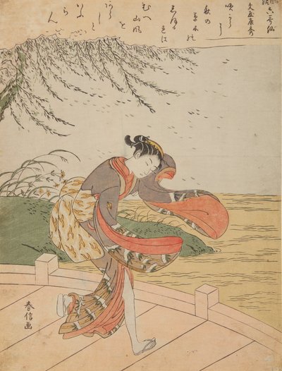 Muchacha en un puente durante el viento, de la serie: Furyu rokkasen - Los seis poetas inmortales elegantes de Suzuki Harunobu