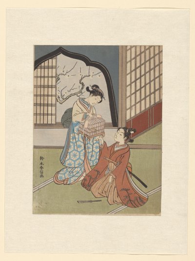 Un par con jaula de pájaros de Suzuki Harunobu