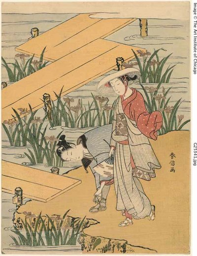 Puente de ocho tablones (parodia de "Cuentos de Ise") de Suzuki Harunobu