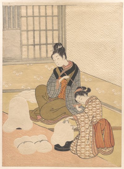 Nieve vespertina sobre el calefactor de Suzuki Harunobu