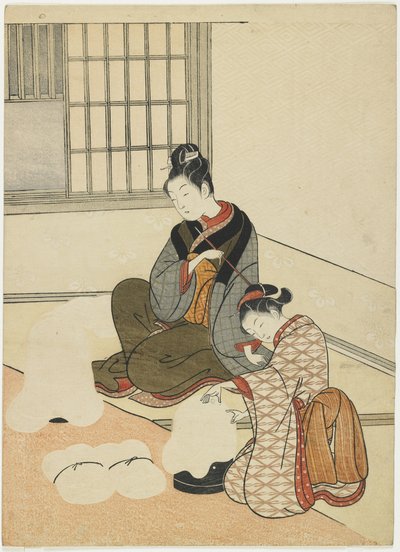 Nieve vespertina en el secador de seda, después de 1766 de Suzuki Harunobu