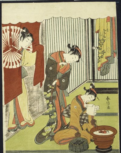Figuras en un interior, una cortesana mirando a su shinzo que está leyendo una carta de amor de Suzuki Harunobu