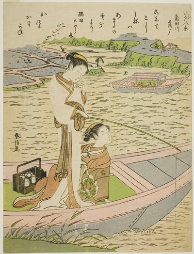 Gansos descendiendo sobre el río Sumida (Sumidagawa no rakugan), de la serie "Ocho vistas a la moda de Edo (Furyu Edo hakkei)" de Suzuki Harunobu