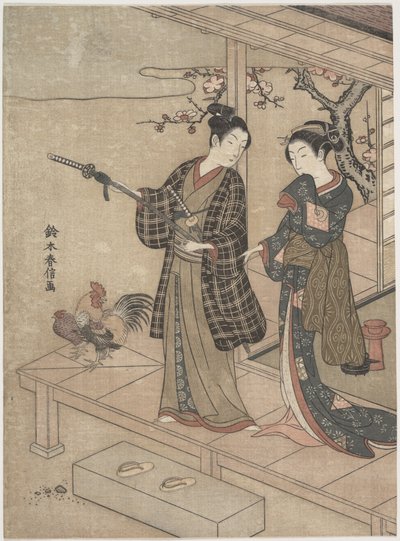 Un caballero despidiéndose de su amada en una terraza de Suzuki Harunobu
