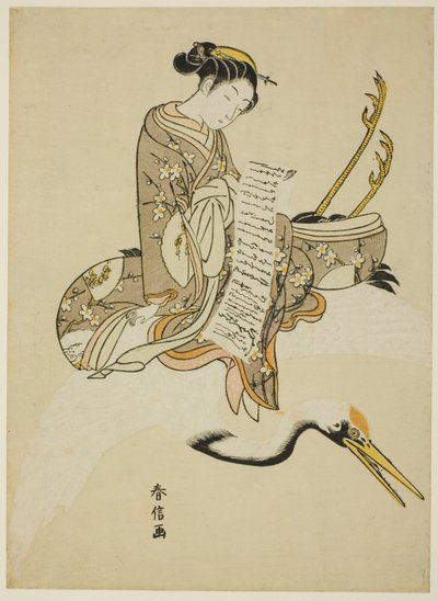 Niña montando una grulla (parodia de Hi Chobo) de Suzuki Harunobu