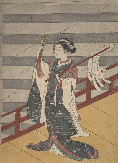 Niña en balcón sobre escalera de piedra, ca. 1768 de Suzuki Harunobu