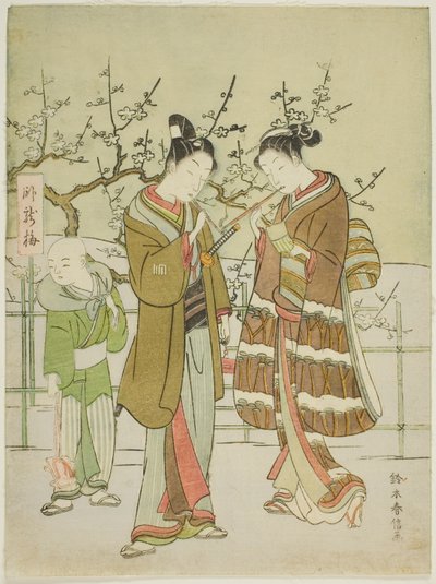 Dando una luz junto al ciruelo Garyubai de Suzuki Harunobu