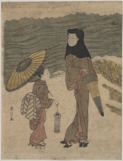Dama con capucha negra y sombrilla paseando con un joven acompañante de Suzuki Harunobu