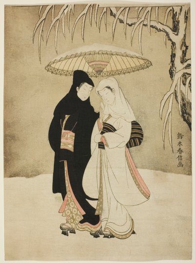 Amantes bajo un paraguas en la nieve de Suzuki Harunobu