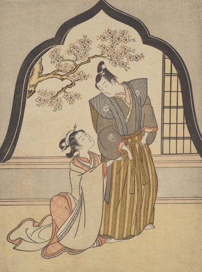 Los amantes se visten junto a una ventana de Suzuki Harunobu