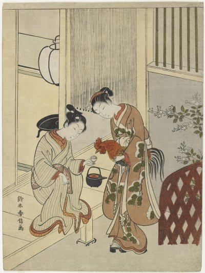 Amantes Sirviendo Sake a un Gallo, c. 1767 de Suzuki Harunobu