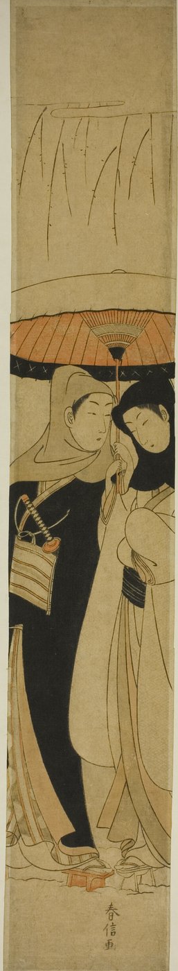 Amantes bajo un paraguas en la nieve de Suzuki Harunobu