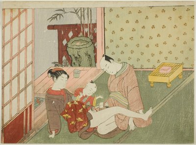 Amantes con joven asistente observando, de una serie sin título de impresiones eróticas de Suzuki Harunobu