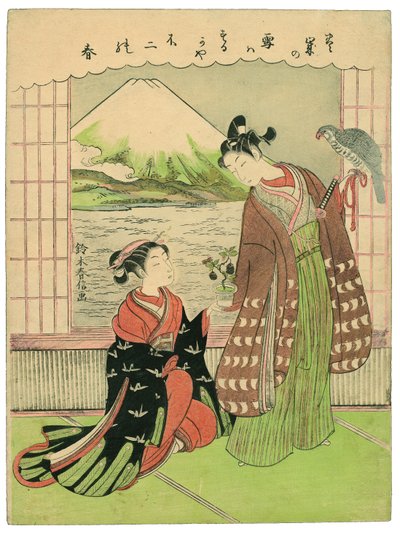 Sueño de buena suerte para el Año Nuevo: monte Fuji, halcón y berenjenas de Suzuki Harunobu