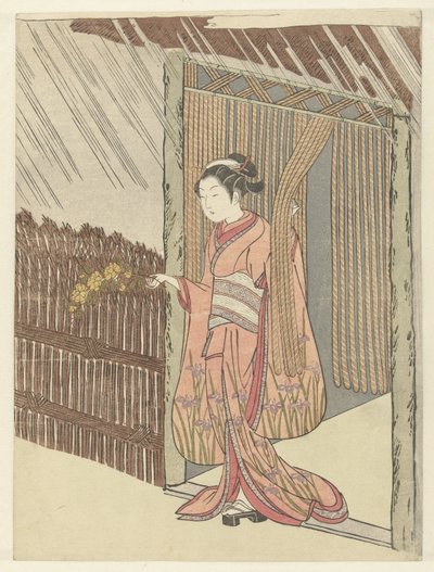 Chica con una rama de yamabuki en las manos. de Suzuki Harunobu