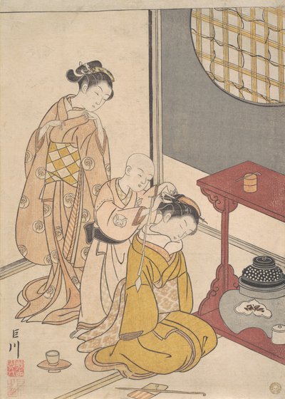 Lluvia nocturna en el estante doble de Suzuki Harunobu