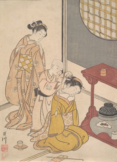 Lluvia Nocturna en el Estante Doble, de la serie Ocho Vistas del Salón Zashiki hakk..., ca. 1766 de Suzuki Harunobu