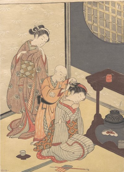 Lluvia nocturna en el estante doble, de la serie Ocho vistas del salón, ca. finales del siglo XVIII de Suzuki Harunobu
